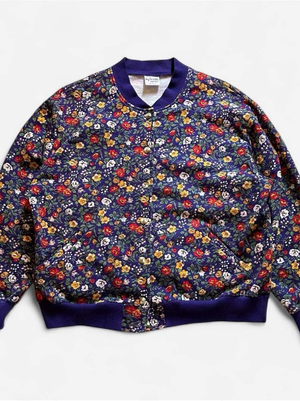 Vintage 1990s Floral Quilted Bomber Jacket in Navy with Multicolor Roses L